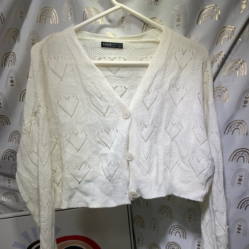 SHEIN Cream Heart Knit Cardigan